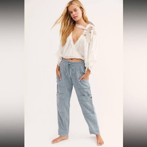Free People Feelin' Good Utility Pull-On Pants in Sea Spray Blue l Small l NWT - Picture 2 of 13
